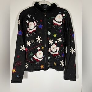 Design Originals Christmas black zip cardigan sweater embroidered vintage 90s M